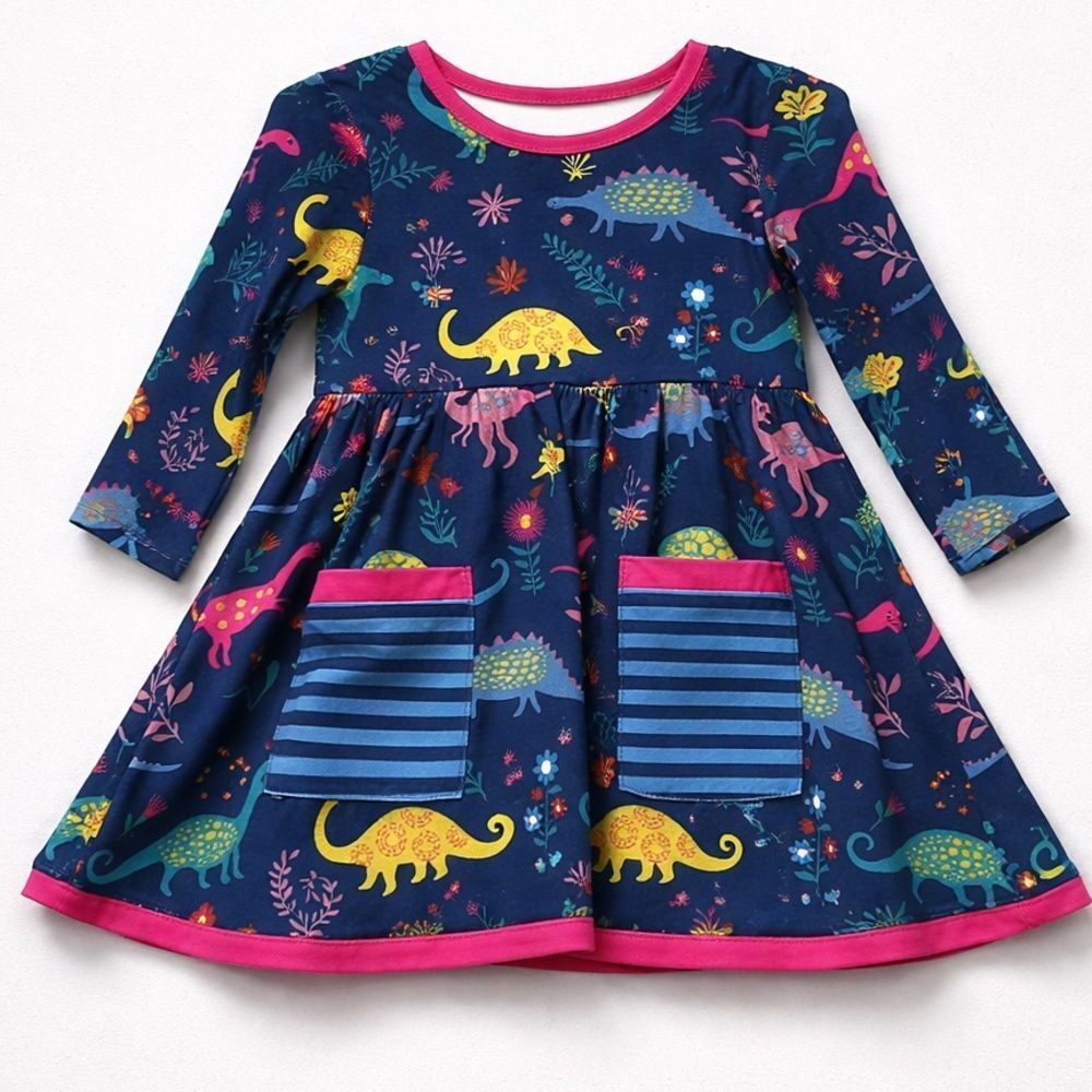 Little Millie Blue and pink Dinosaur print twirl dress with pockets size 12 m